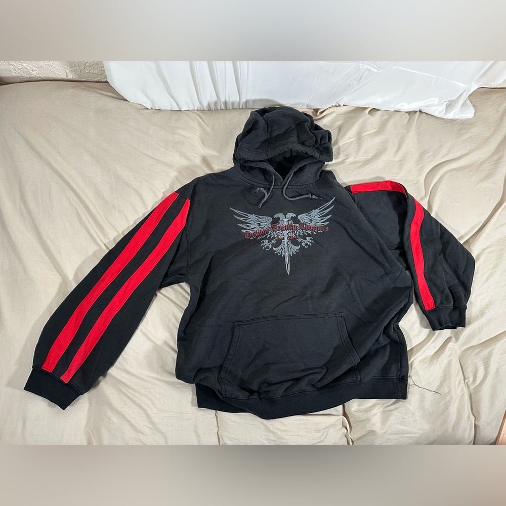00’s Orange County Choppers Vintage Distressed Hoodie Medium Red Arm Stripes - Picture 15 of 15
